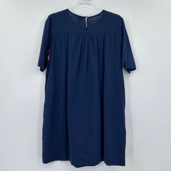 Sister Mary Navy Cotton Shift Dress Pink Floral Embroidery Pockets Womens Sz S - Picture 8 of 12